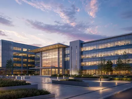 Teleflex Inc. (US8793691069) veranschaulicht durch ein Architektur-Render eines modernen Medizintechnik-Forschungscampus bei Dämmerung - Foto: THN