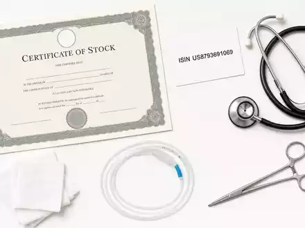 Teleflex Inc. (US8793691069) präsentiert als Flatlay mit Aktienzertifikat, ISIN-Karte und medizinischen Instrumenten arrangiert - Foto: THN