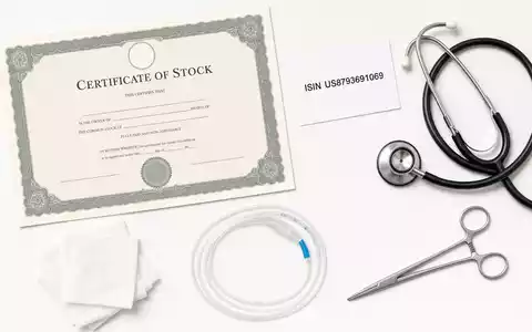 Teleflex Inc. (US8793691069) präsentiert als Flatlay mit Aktienzertifikat, ISIN-Karte und medizinischen Instrumenten arrangiert - Foto: THN