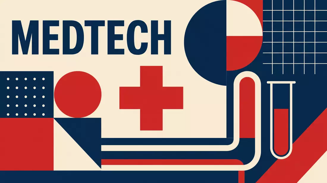 Bauhaus-inspiriertes geometrisches Poster mit medizinischen Symbolen und dem Wort MEDTECH