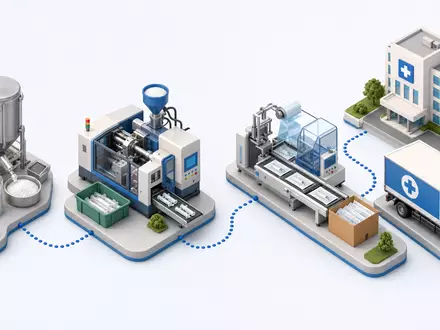 Teleflex Inc. (US8793691069) dargestellt als isometrisches 3D-Diagramm der gesamten Wertschöpfungskette medizinischer Produkte weltweit - Foto: THN