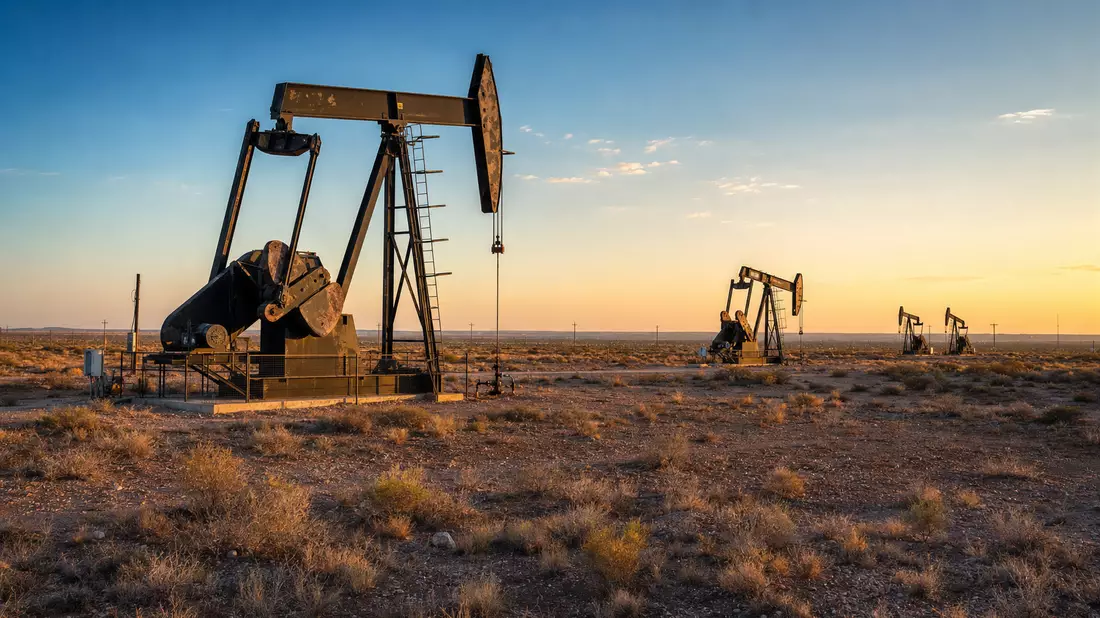 Fotorealistische Ölförderpumpen in trockener Wüstenlandschaft des Permian-Basin bei Abendlicht
