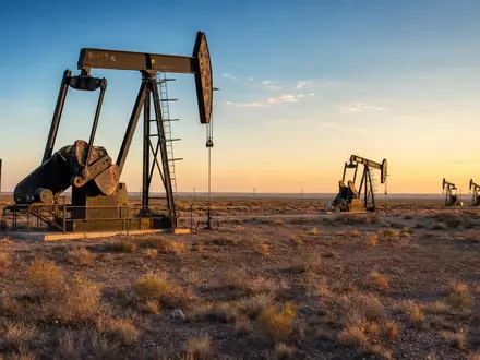 Occidental Petroleum US6745991058 zeigt fotorealistische Ölförderpumpen im weiten Permian-Basin bei stimmungsvollem Sonnenuntergang heute - Foto: THN