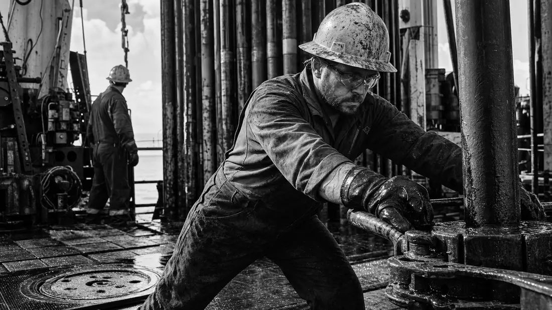 Schwarz-weiße Reportagefotografie eines Bohrinsel-Technikers an schwerer Industrieausrüstung