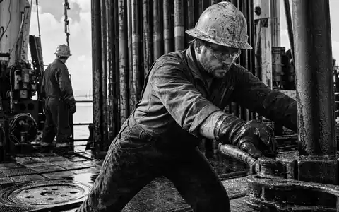 Occidental Petroleum US6745991058 dargestellt als Schwarz-Weiß-Reportage eines Bohrinsel-Technikers bei intensiver, konzentrierter Arbeit vor Ort - Foto: THN