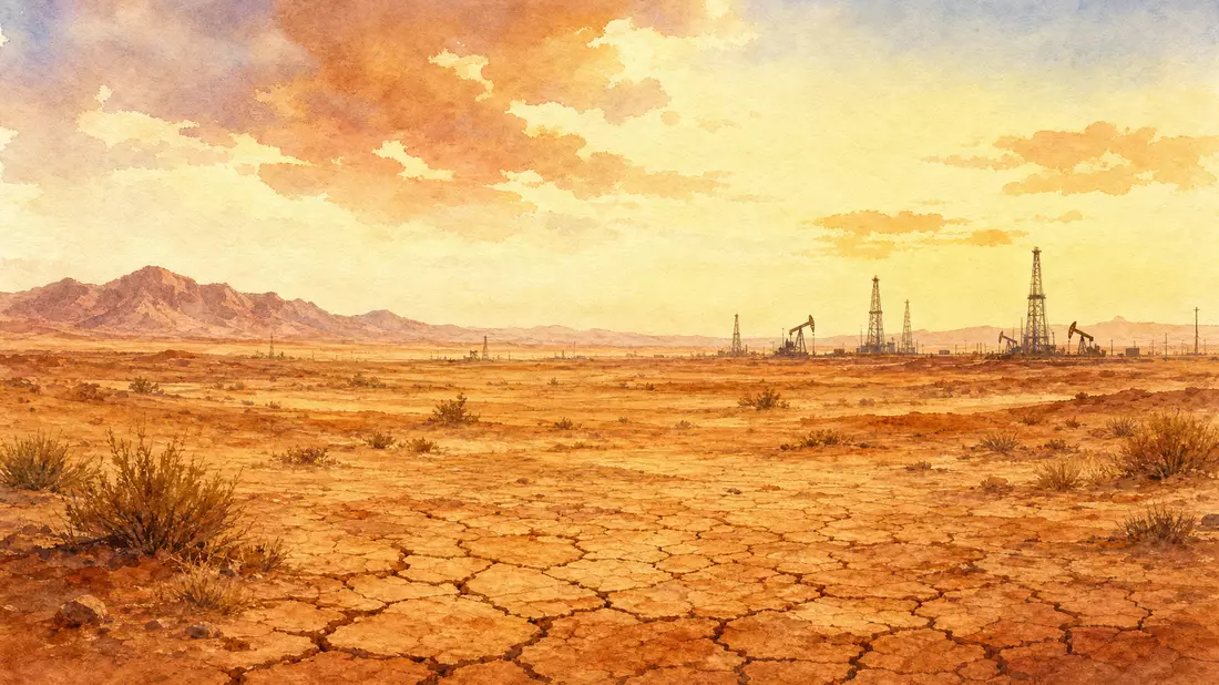 Aquarellmalerei einer warmen Wüstenlandschaft mit fernen Ölbohrtürmen am Horizont