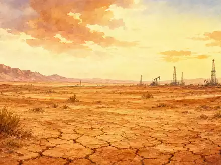 Occidental Petroleum US6745991058 illustriert als Aquarellgemälde eines trockenen Wüstenlandstrichs mit fernen Bohrtürmen am Horizont - Foto: THN