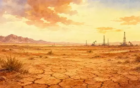 Occidental Petroleum US6745991058 illustriert als Aquarellgemälde eines trockenen Wüstenlandstrichs mit fernen Bohrtürmen am Horizont - Foto: THN