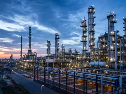 Occidental Petroleum US6745991058 präsentiert als Architektur-Render einer großen petrochemischen Raffinerieanlage bei dramatischer abendlicher Dämmerung - Foto: THN