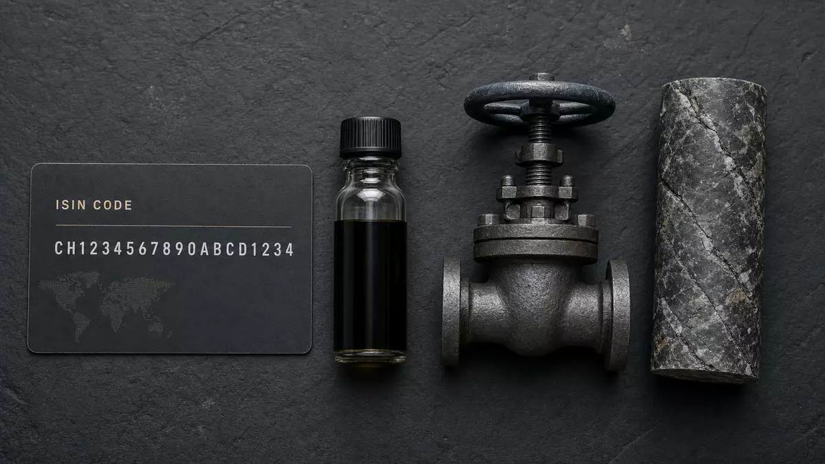 Flatlay-Anordnung von ISIN-Karte, Rohölfläschchen, Metallventil und zylindrischer Bohrkernprobe