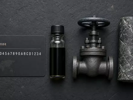 Occidental Petroleum US6745991058 als stilvolles Flatlay mit ISIN-Karte, Ölfläschchen, Industrieventil und zylindrischer Bohrkernprobe arrangiert - Foto: THN