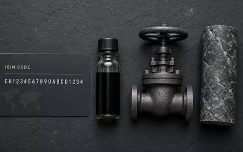 Occidental Petroleum US6745991058 als stilvolles Flatlay mit ISIN-Karte, Ölfläschchen, Industrieventil und zylindrischer Bohrkernprobe arrangiert - Foto: THN