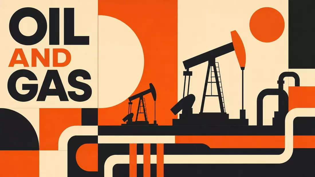 Bauhaus-inspiriertes geometrisches Poster mit Pumpjack-Silhouetten und Text OIL AND GAS