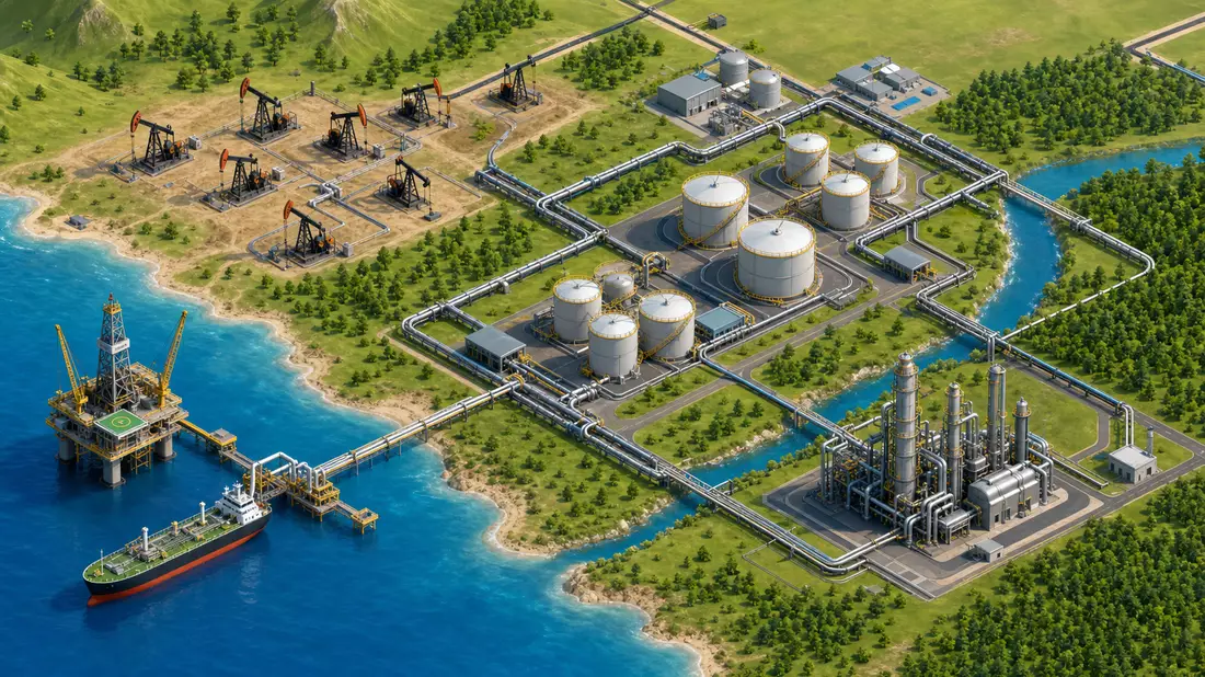 Isometrische 3D-Illustration einer Förderanlage mit Pumpjacks, Tanks und verzweigtem Pipeline-Netzwerk