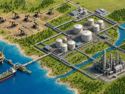 Occidental Petroleum US6745991058 dargestellt als isometrische 3D-Illustration der gesamten Förder- und Pipeline-Lieferkette entlang der Küste - Foto: THN