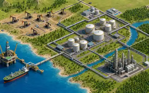 Occidental Petroleum US6745991058 dargestellt als isometrische 3D-Illustration der gesamten Förder- und Pipeline-Lieferkette entlang der Küste - Foto: THN