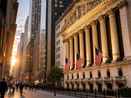 Occidental Petroleum US6745991058 gezeigt in einer Börsen-Editorial-Szene mit historischer NYSE-Fassade und leuchtenden Aktienkurs-Anzeigetafeln - Foto: THN