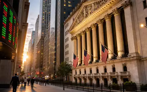 Occidental Petroleum US6745991058 gezeigt in einer Börsen-Editorial-Szene mit historischer NYSE-Fassade und leuchtenden Aktienkurs-Anzeigetafeln - Foto: THN