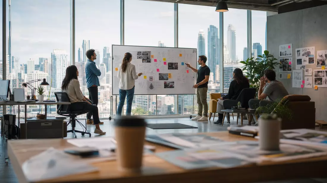 Kreativteam einer Werbeagentur diskutiert Ideen an einem Whiteboard mit Skylineblick