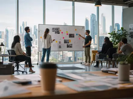 Omnicom Group Inc. (US6819191064): moderne Kreativagentur mit Team am Whiteboard beim Brainstorming von Kampagnenideen - Foto: THN