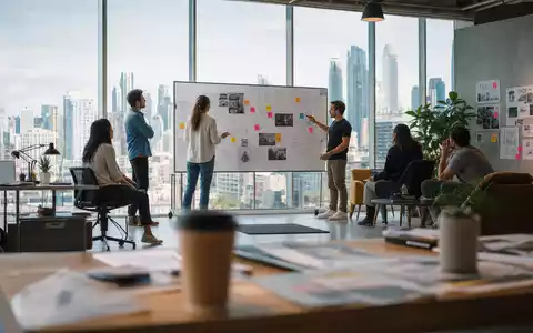 Omnicom Group Inc. (US6819191064): moderne Kreativagentur mit Team am Whiteboard beim Brainstorming von Kampagnenideen - Foto: THN