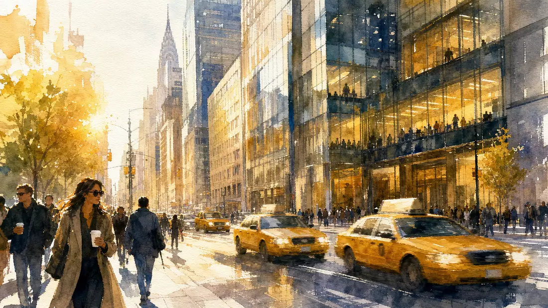 Aquarellbild einer Manhattan-Straße mit Glasfassaden und gelben Taxis