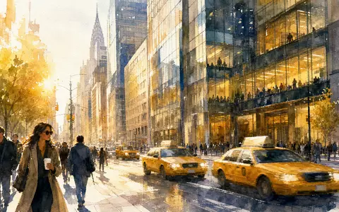 Omnicom Group Inc. (US6819191064): Aquarellmalerei eines Manhattan Werbeagentur-Straßenzugs mit gelben Taxis im Licht - Foto: THN