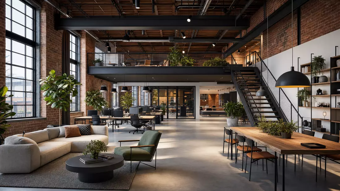 3D-Architekturrender eines Agentur-Lofts mit Ziegelwänden und offenem Grundriss