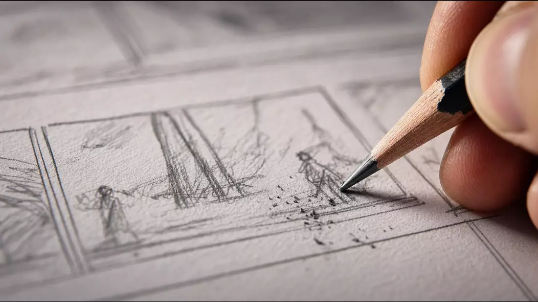 Makroaufnahme eines Bleistifts beim Zeichnen einer Skizze auf Storyboard-Papier
