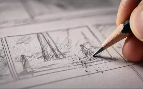 Omnicom Group Inc. (US6819191064): Makroaufnahme eines Bleistifts, der Skizzenlinien auf ein Storyboard-Panel zeichnet - Foto: THN