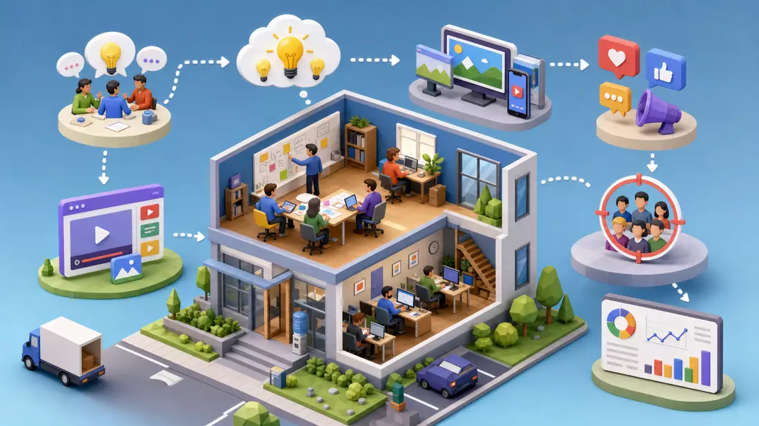 Isometrische 3D-Grafik eines Kampagnen-Workflows mit Bürogebäude und verbundenen Icons