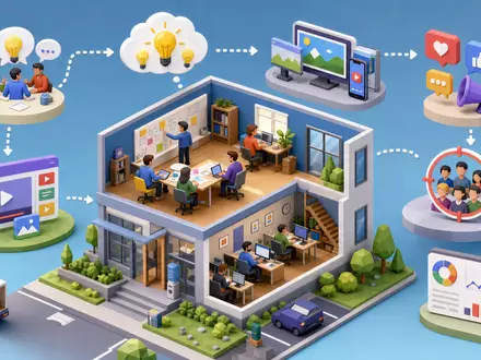 Omnicom Group Inc. (US6819191064): isometrische 3D-Illustration eines Kampagnen-Workflows mit Büro, Icons und Datenanalyse - Foto: THN