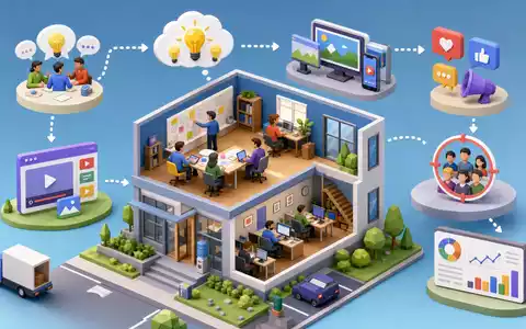 Omnicom Group Inc. (US6819191064): isometrische 3D-Illustration eines Kampagnen-Workflows mit Büro, Icons und Datenanalyse - Foto: THN