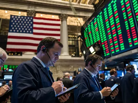 Omnicom Group Inc. (US6819191064): Börsen-Editorialfoto der New York Stock Exchange mit Händlern und Kursanzeigen - Foto: THN