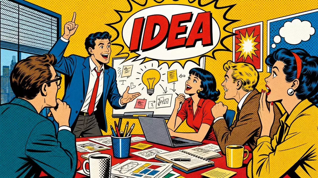 Pop-Art-Comic mit Werbeteam, das begeistert eine neue Idee präsentiert