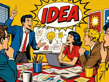 Omnicom Group Inc. (US6819191064): Pop-Art-Comic eines Werbeteams beim Präsentieren einer Idee im Meetingraum - Foto: THN