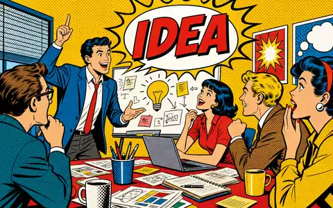 Omnicom Group Inc. (US6819191064): Pop-Art-Comic eines Werbeteams beim Präsentieren einer Idee im Meetingraum - Foto: THN