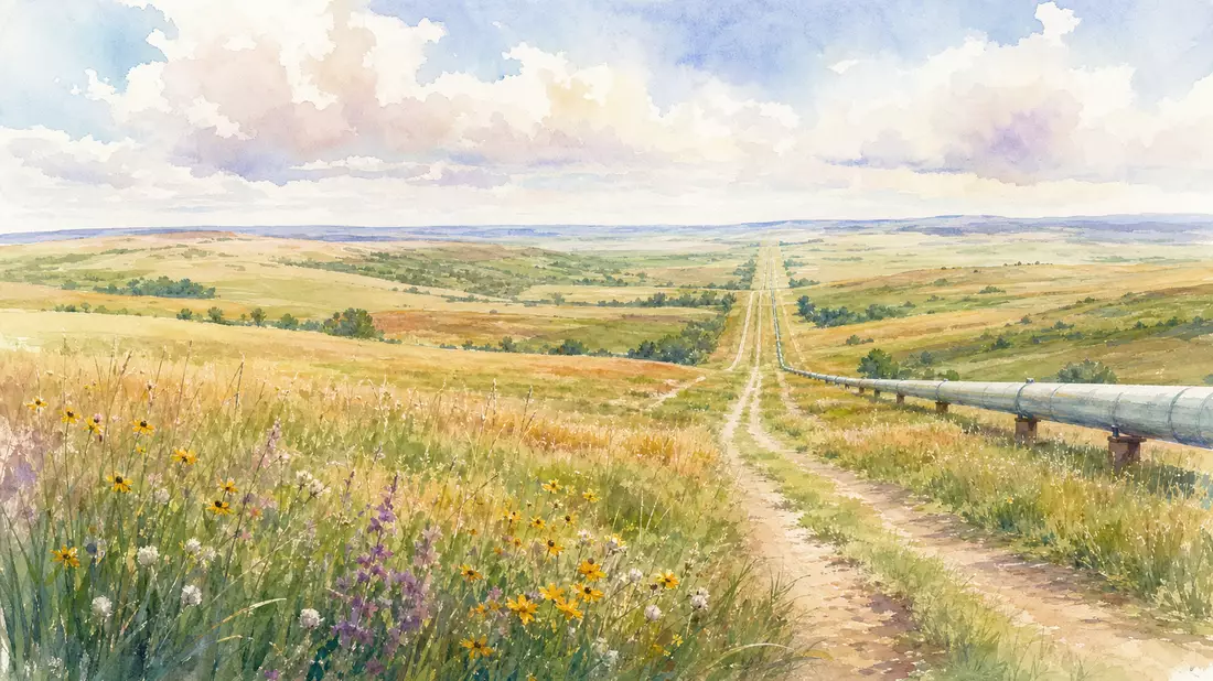 Aquarellmalerei einer Präriewelle mit Pipeline-Trasse und bunten Wildblumen