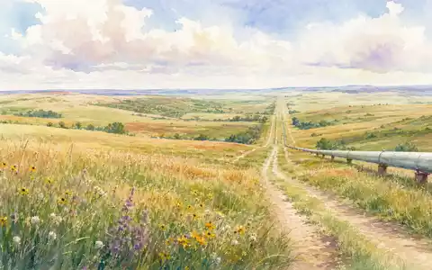 ONEOK Inc. (ISIN US6826801036) zartes AquarellgemÀlde einer PrÀrie mit sanfter Pipeline-Trasse und Wildblumen - Foto: THN