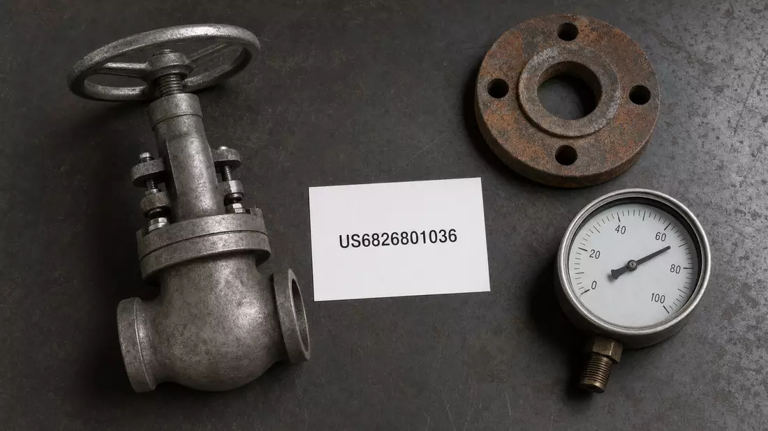 Flatlay-Anordnung mit ISIN-Karte, Ventil, Rohrflansch und Druckmanometer