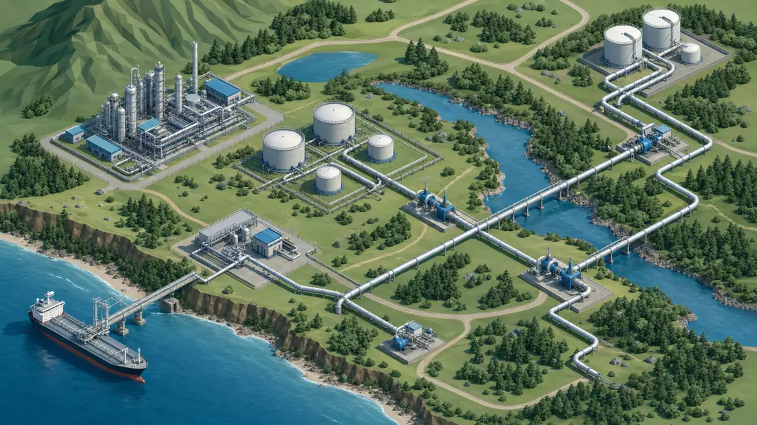 Isometrische 3D-Illustration eines Midstream-Netzwerks mit Pipelines, Tanks und Anlage