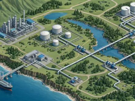 ONEOK Inc. (ISIN US6826801036) isometrische 3D-Illustration eines Midstream-Netzwerks mit Pipelines und Tanks - Foto: THN