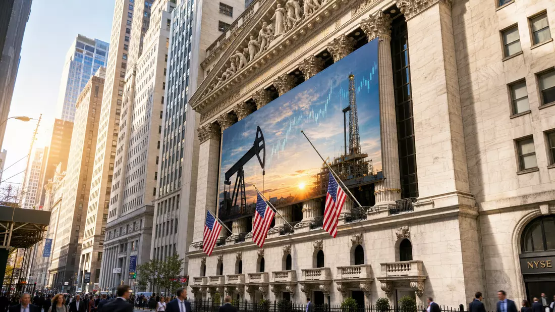Editorialfoto der NYSE-Börsenfassade mit US-Flaggen und Energiesektor-Motiv