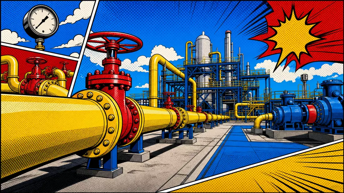 Pop-Art-Comic-Illustration einer industriellen Gaspipeline mit Halbtonmuster und Comic-Panels