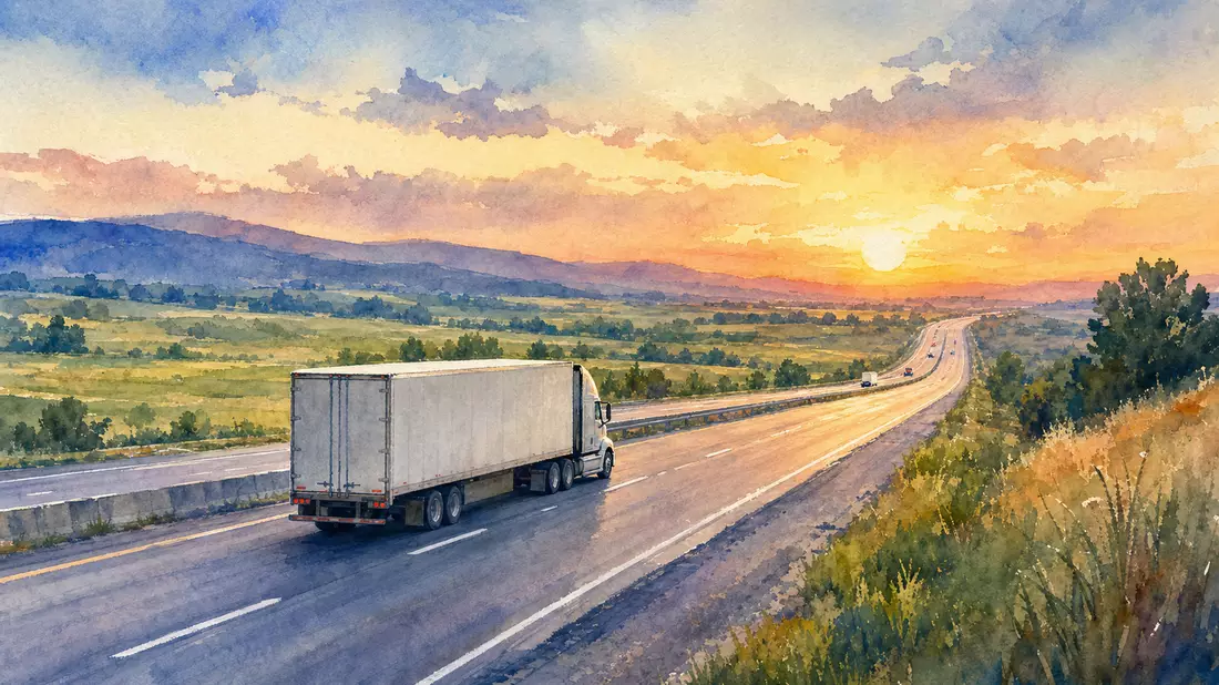 Aquarellillustration eines Frachttrucks auf US-Highway im warmen Sonnenuntergangslicht