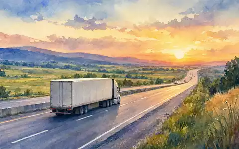 Old Dominion Freight Line US6795801009 Aquarellmalerei eines Frachttrucks auf Interstate-Highway bei Sonnenuntergang - Foto: THN
