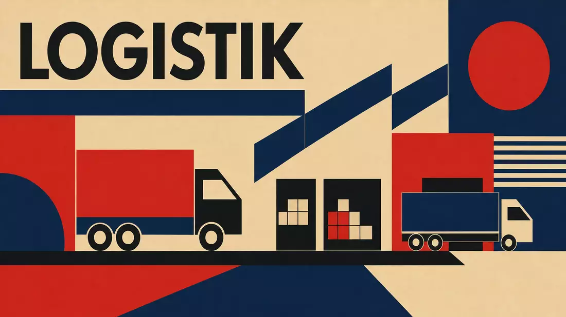 Bauhaus-Grafikposter mit geometrischen Trucks, Lagerhallen und dem Schriftzug LOGISTIK