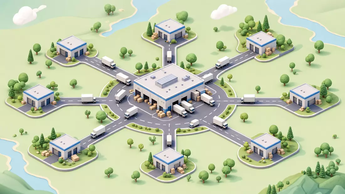 Isometrische 3D-Illustration eines Hub-and-Spoke-Netzwerks mit zentralem Verteilzentrum und Trucks