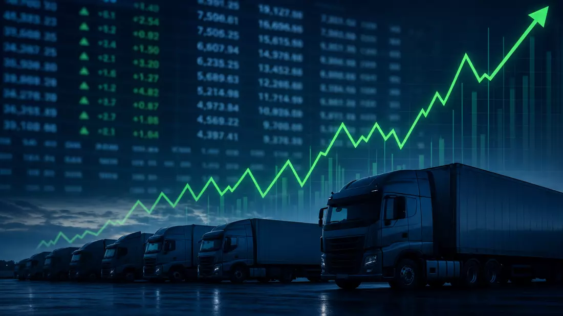 Finanz-Editorialbild mit grünem Aktienchart und Silhouette einer Truckflotte im Hintergrund