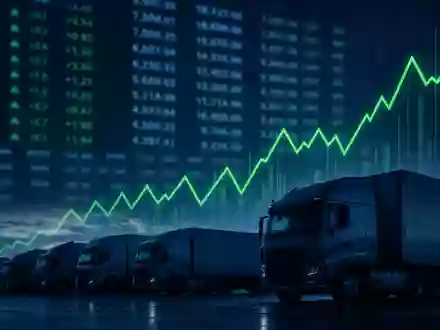 Old Dominion Freight Line US6795801009 zeigt NASDAQ-Börsen-Editorialbild mit steigendem Kursdiagramm und dunkler Frachtflotten-Silhouette - Foto: THN